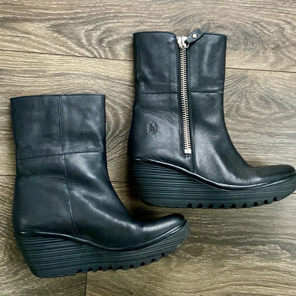 FLY London Yex Leather Fold-over Wedge  Boots - Picture 8 of 16